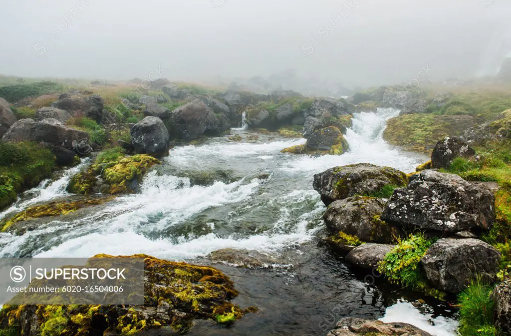 River running from Baejarfoss, Bæjarfoss waterfalls, Iceland, Scandinavia, Europe