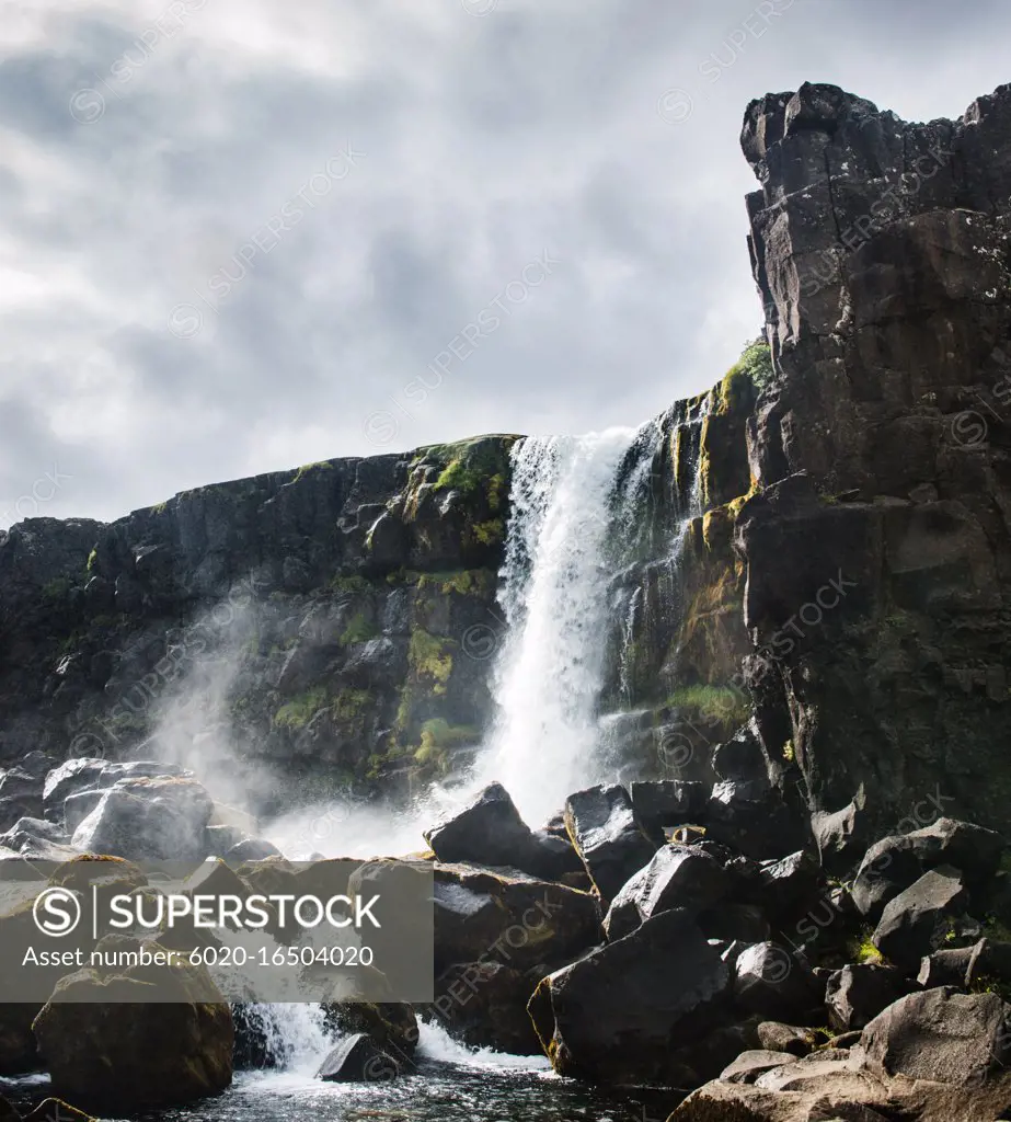 Öxarárfoss waterfall or Oxararfoss waterfall at Thingvellir national park in the golden circle, iceland, Scandinavia, Europe