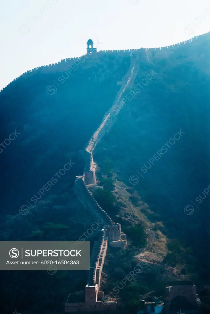 Landscape of nahargarh fort ancient mughal walls and palace located middle of jaipur india