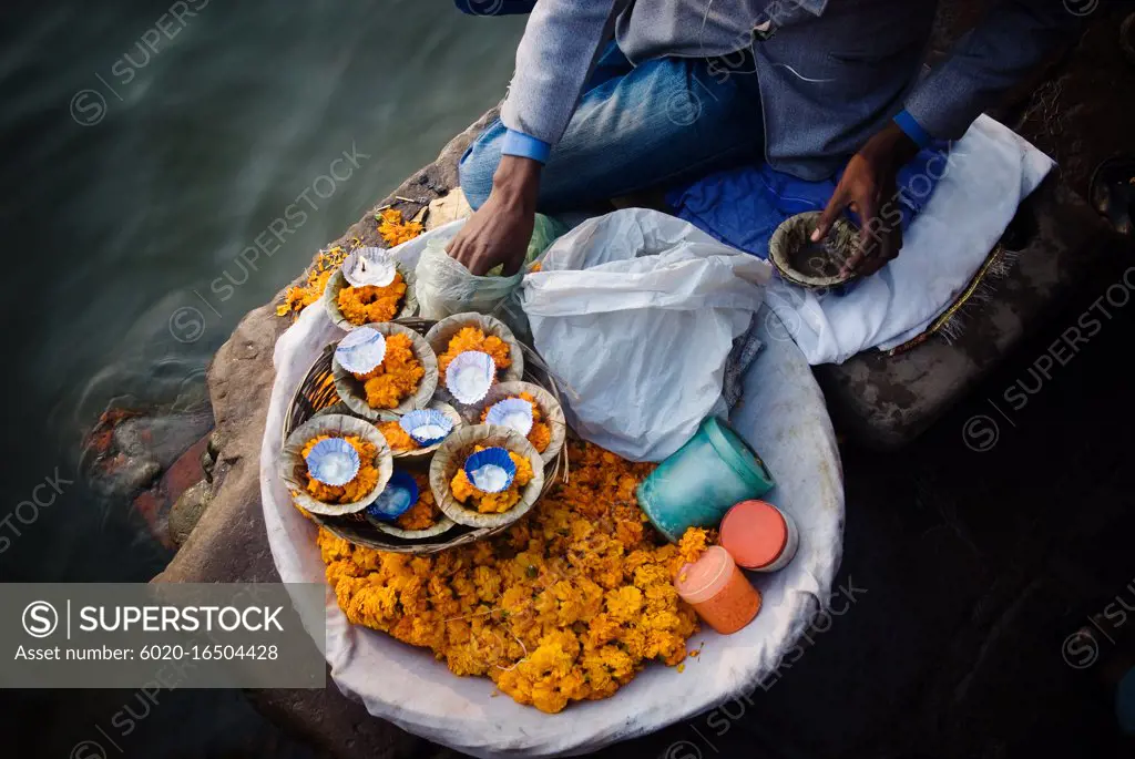 Prayer offerings for the Ganges River, Varanasi, India