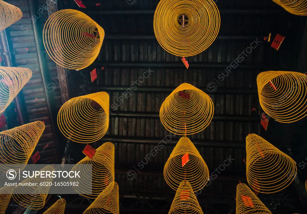 Coiled incense hanging from the ceiling of a buddhist temple, Vietnam, Southeast Asia