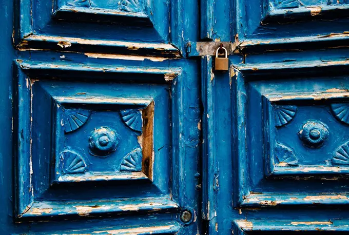 old blue wooden door detail, Salvador, Bahia, Brazil