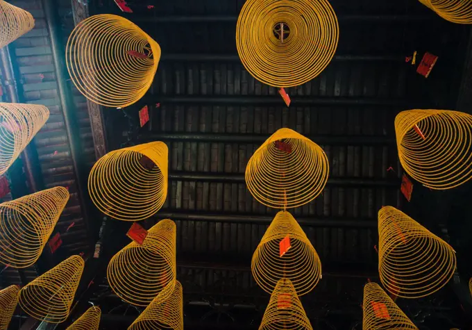 Coiled incense hanging from the ceiling of a buddhist temple, Vietnam, Southeast Asia