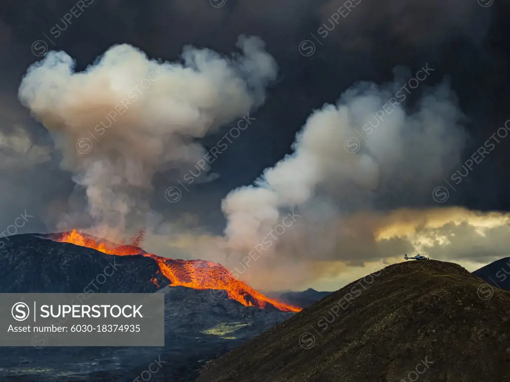 Glowing lava is ejected skyward as lava spills from Fagradalsfjall Volcano, Iceland Fagradalsfjall Volcano, Iceland