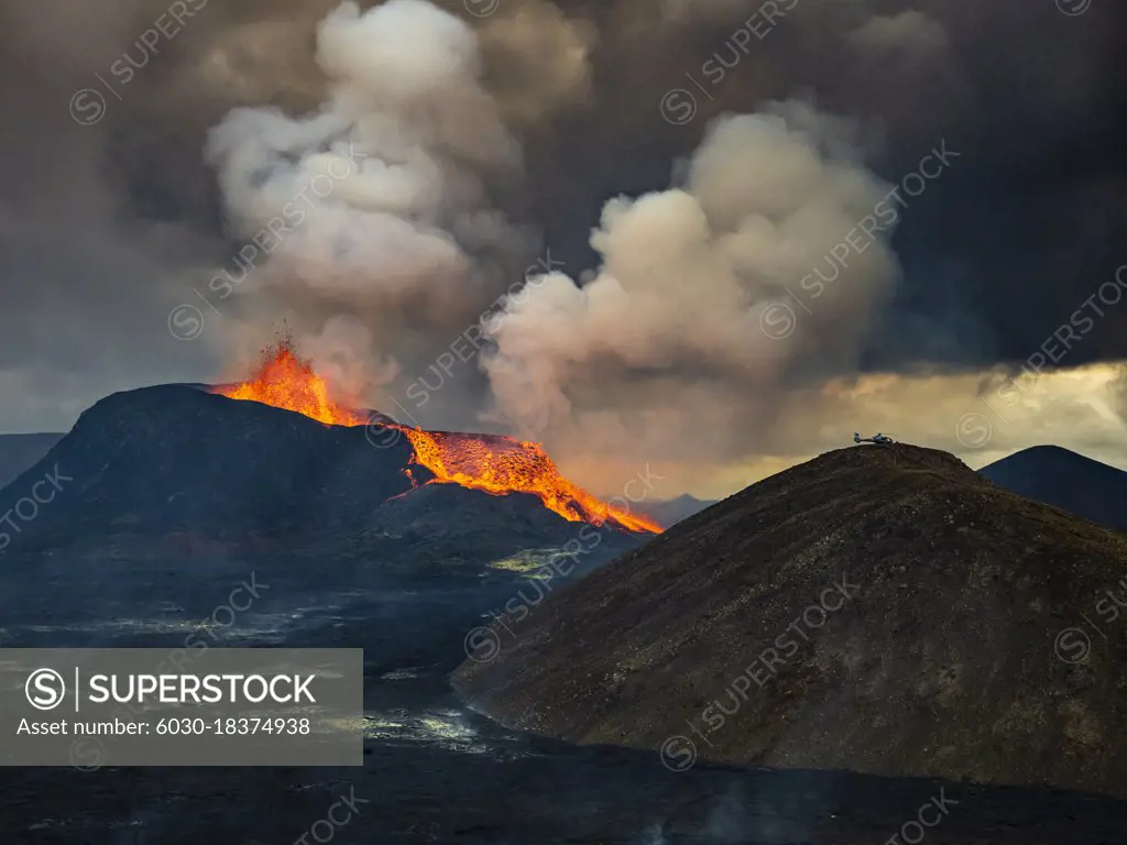 Glowing lava is ejected skyward as lava spills from Fagradalsfjall Volcano, Iceland Fagradalsfjall Volcano, Iceland