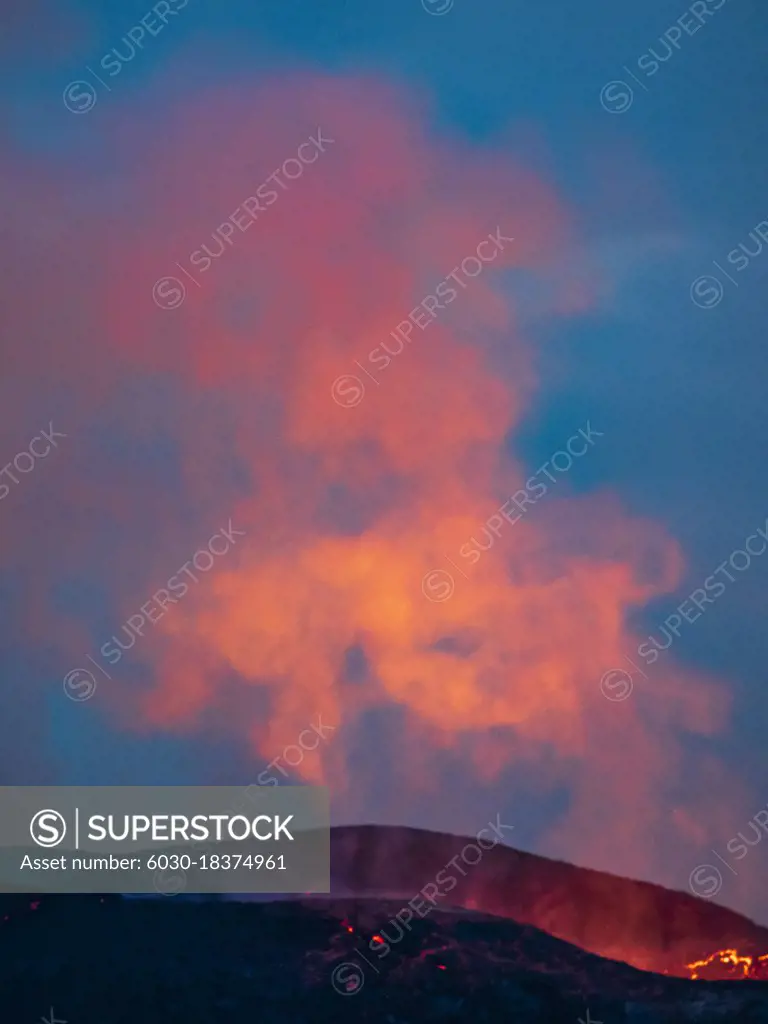 Glowing gas cloud, Fagradalsfjall Volcanic eruption at Geldingadalir, Iceland