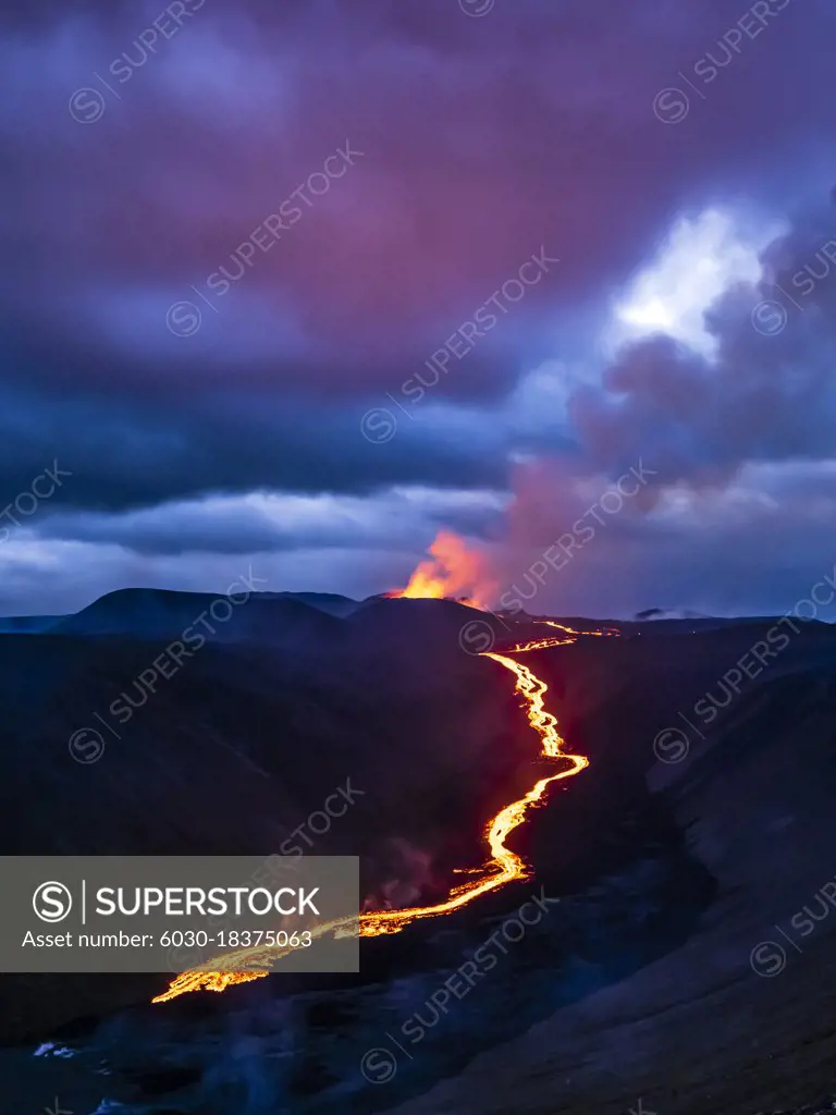 Glowing River Of Magma From Fagradalsfjall Volcanic Eruption At