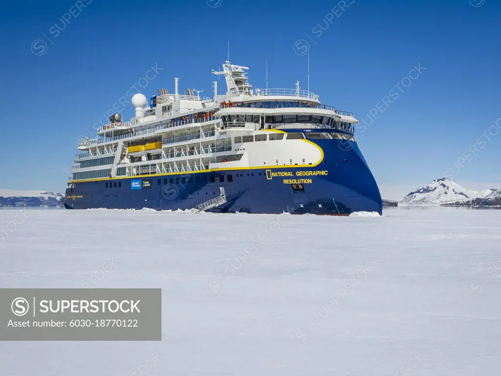 Expedition ship National Geographic Resolution parked in the pack ice in Weddell Sea, Antarctica