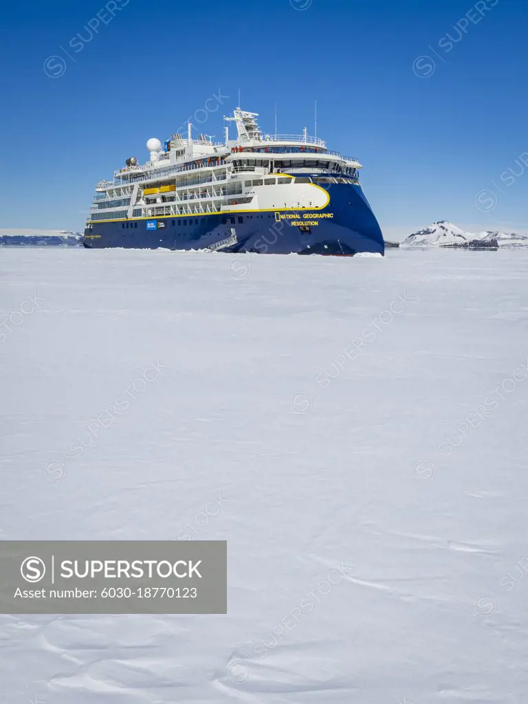 Expedition ship National Geographic Resolution parked in the pack ice in Weddell Sea, Antarctica