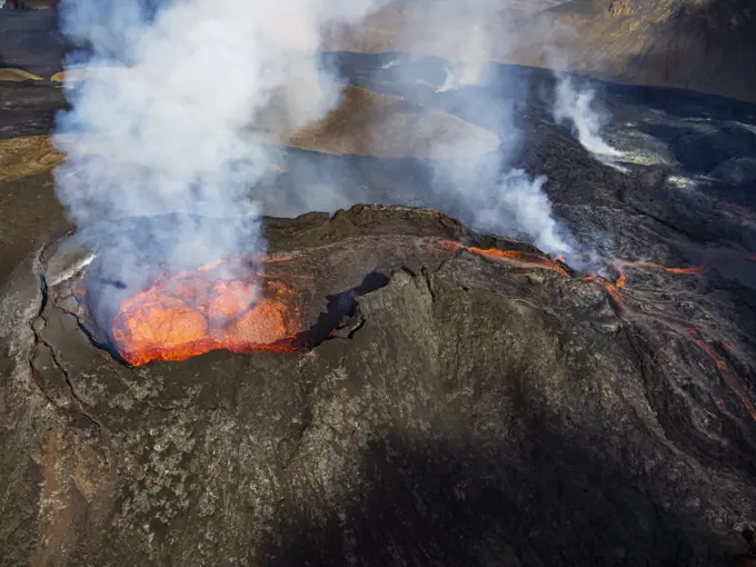 Air photo of Fagradalsfjall crater, Volcanic eruption at Geldingadalir, Iceland