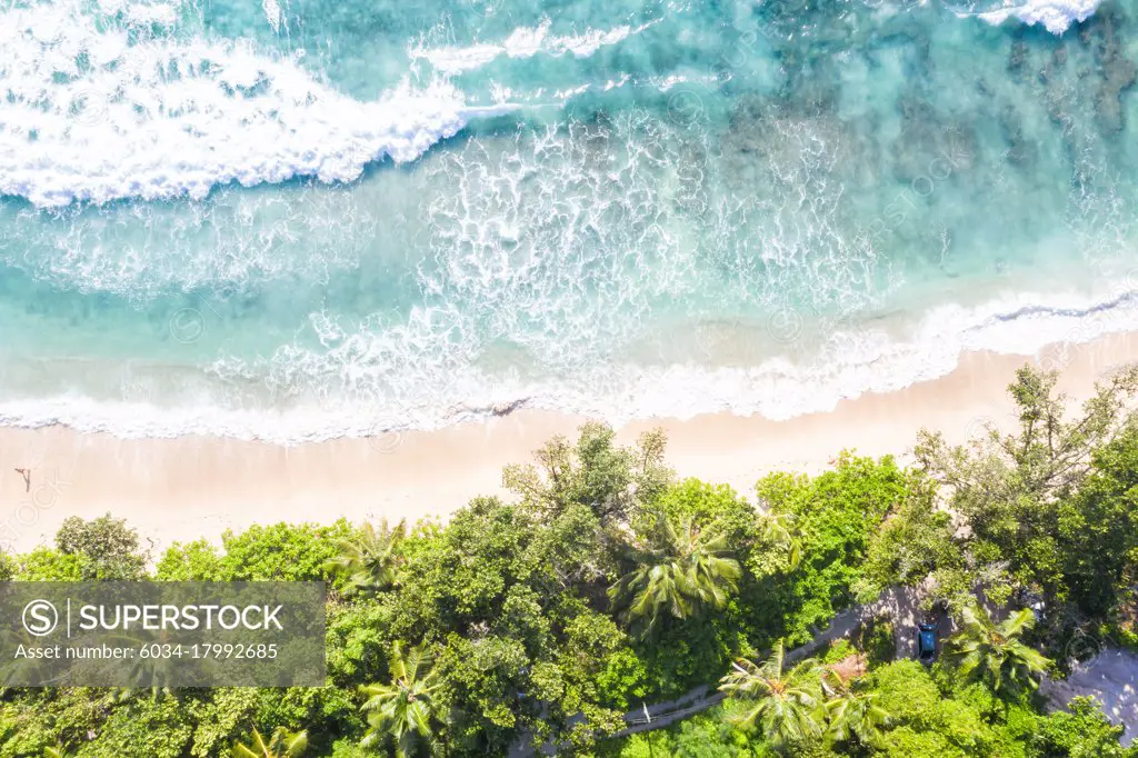 Takamaka beach nature vacation paradise ocean copyspace copy space drone view aerial photo in Mahe on the Seychelles.