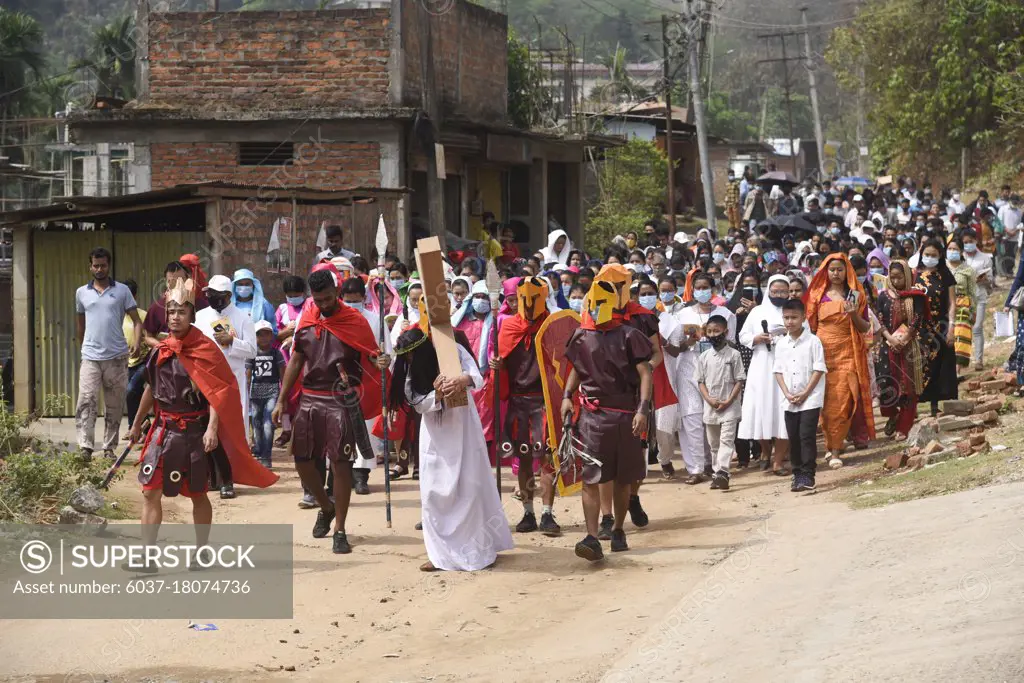 Christian devotee dressed as Jesus Christ re-enacts the crucifixion during Eatser play on Good Friday. Jesus Christ gave his life as a sacrifice while suffering for the sins of people.