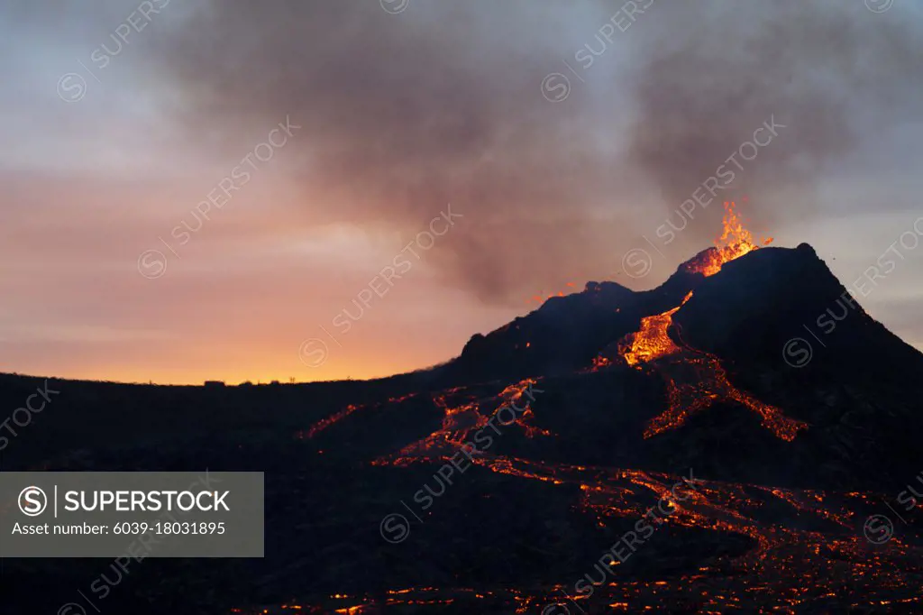 Reykjanes Peninsula, Iceland - March 27th 2021: Volcanic eruption Reykjanes Peninsula Iceland. Fagradalsfjall Volcano. Geldingadalir Eruption