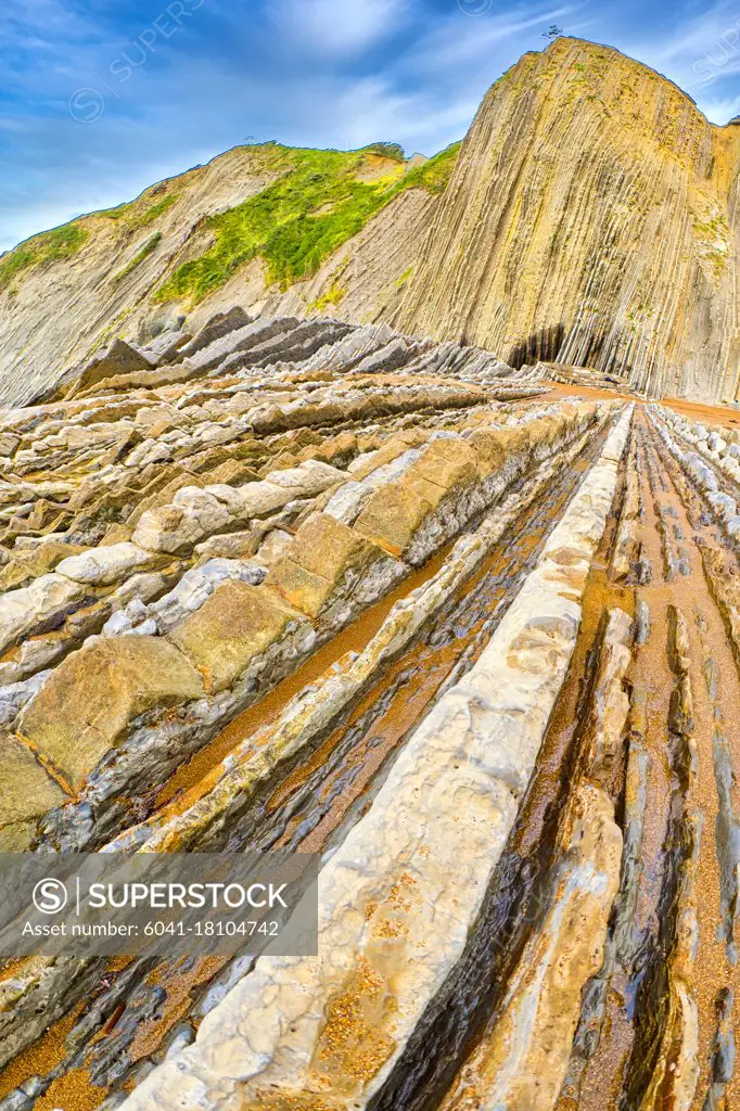 Steeply-tilted Layers of Flysch, Flysch Cliffs, Basque Coast UNESCO Global Geopark, European Geopark Network, Zumaia, Guipúzcoa, Basque Country, Spain, Europe