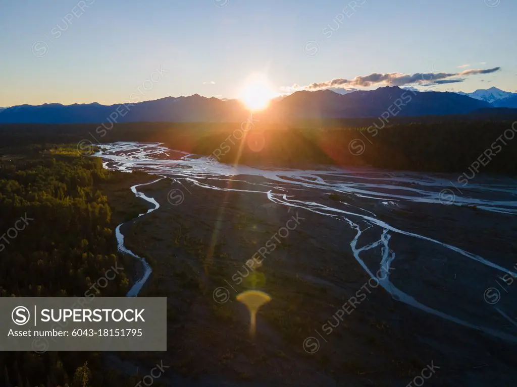 Alaska sunset aerial of river             