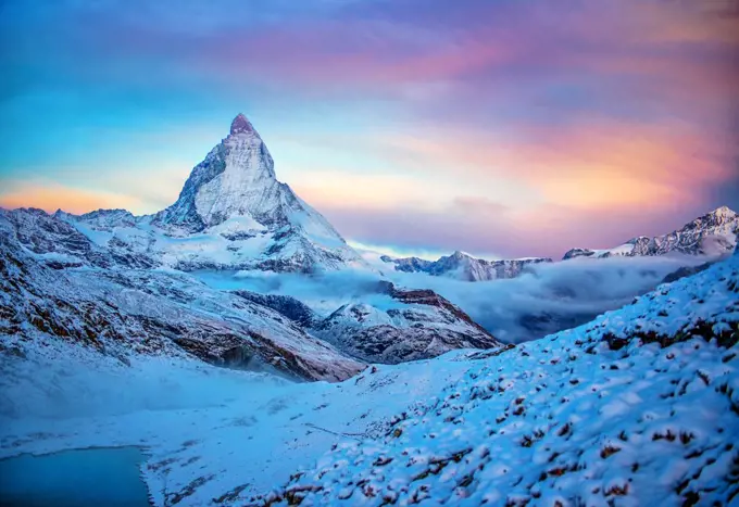 Zermatt, Matterhorn on a snowy morning at sunrise