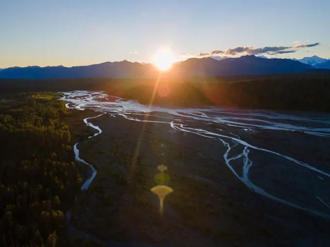 Alaska sunset aerial of river             