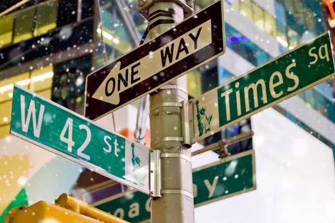 New York Times Square in winter snowing