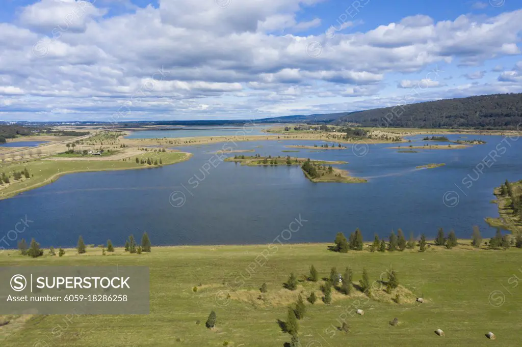 Aerial photograph of a large fresh water reservoir near Castlereagh in New South Wales in Regional Australia