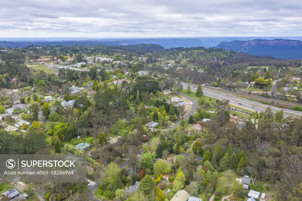 Aerial view of the township of Leura in The Blue Mountains in regional New South Wales in Australia