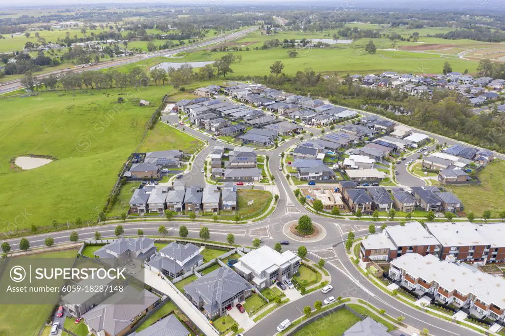 Aerial view of grey roofed houses in the suburb of Glenmore Park in New South Wales in Australia