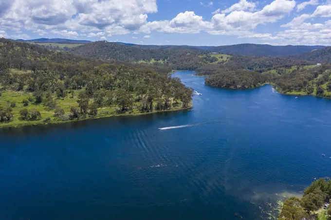 Aerial view of recreational Lake Lyell near Lithgow in regional New New South Wales Australia