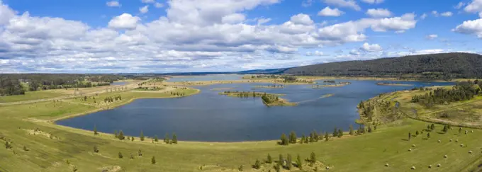 Aerial photograph of a large fresh water reservoir near Castlereagh in New South Wales in Regional Australia