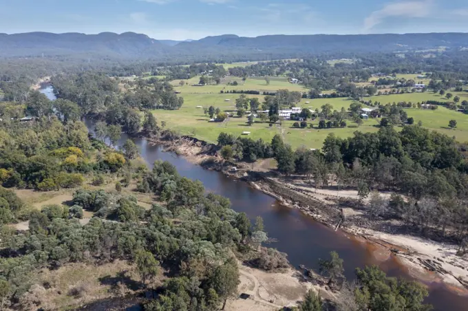 Drone aerial photograph of the Grose River after severe flooding in Yarramundi Reserve in the Hawkesbury region of New South Wales in Australia