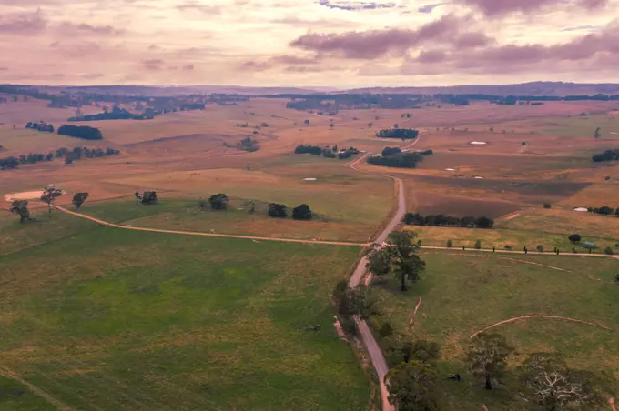 Aerial view of of green farmland in the Central Tablelands in regional New South Wales in Australia