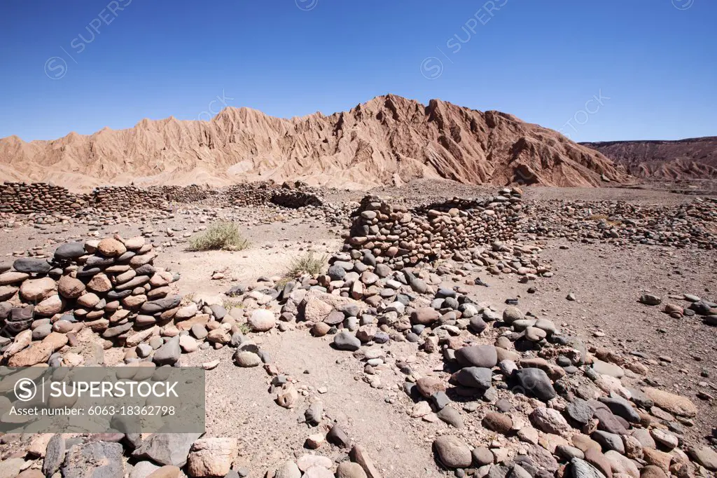 Remnants of rock structures in Tambo de Catarpe, Catarpe Valley in the Atacama Desert, Chile. 