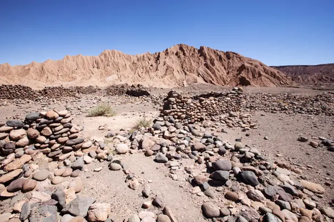 Remnants of rock structures in Tambo de Catarpe, Catarpe Valley in the Atacama Desert, Chile. 