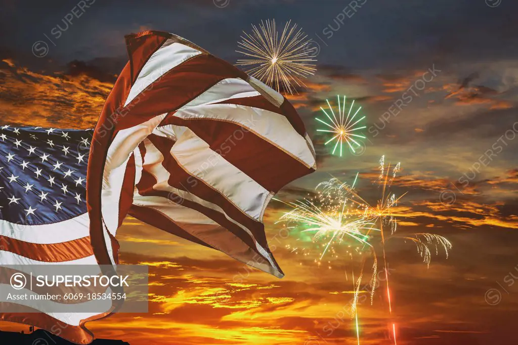 Five Fireworks at 4th of July celebration in the United States flag sunset with clouds