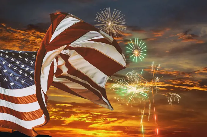 Five Fireworks at 4th of July celebration in the United States flag sunset with clouds