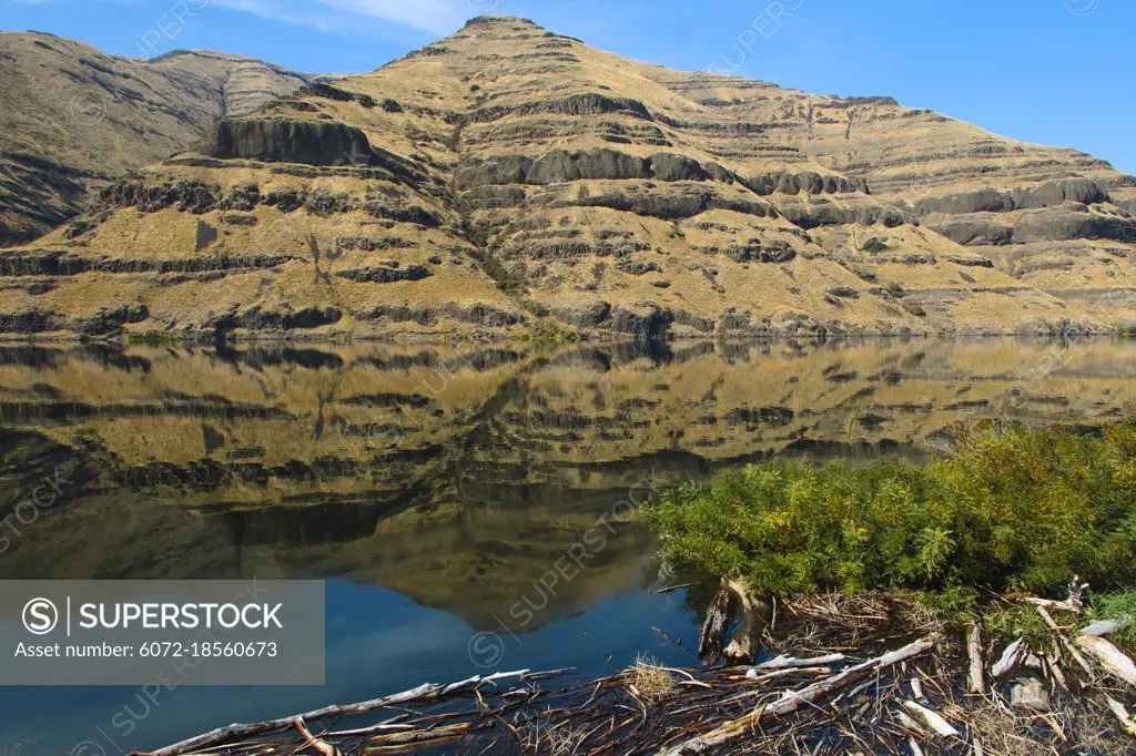 Basalt layers reflected in Lower Granite Lake on the Snake River near Pullman Washington