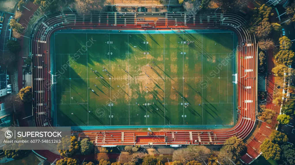 This aerial view shows a soccer field with empty stands, no spectators in sight. The green pitch is marked with white lines, and goals are visible at each end.