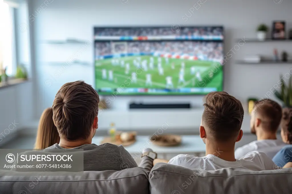 A diverse group of individuals gathered together in a living room, engrossed in watching a football game on the television.