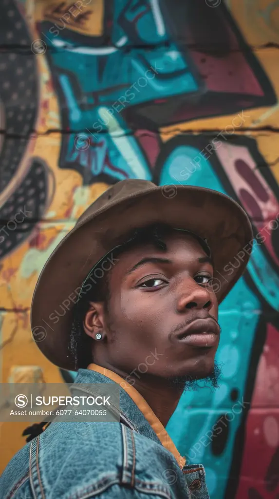 A young man with a brown hat and a denim jacket poses in front of a brick wall covered with colorful graffiti. He is looking away from the camera, with a serious expression on his face. The graffiti features abstract shapes and colors, with a dominant blue hue.