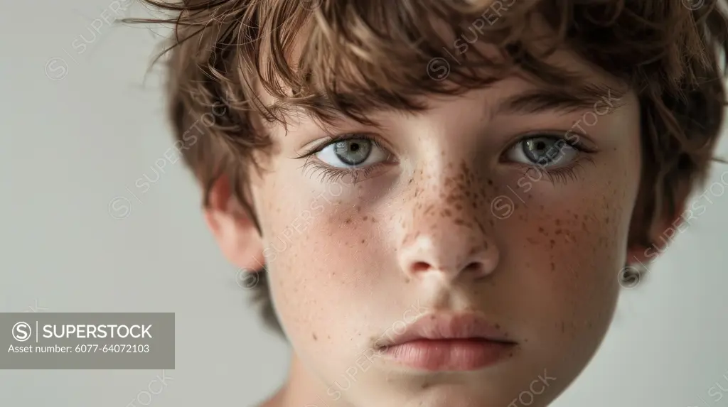 The photo shows a close-up portrait of a young boy with brown, curly hair. He is looking directly at the camera with a serious expression. His face is covered in freckles, and his eyes are a bright blue. The background is a plain, off-white color.