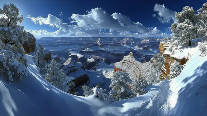 A snow-capped Grand Canyon, showcasing its winter allure.