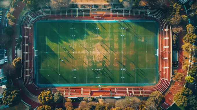 This aerial view shows a soccer field with empty stands, no spectators in sight. The green pitch is marked with white lines, and goals are visible at each end.