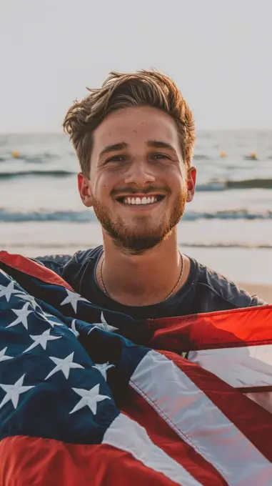 A man standing on the beach, proudly holding an American flag. The ocean waves in the background, under a clear sky.