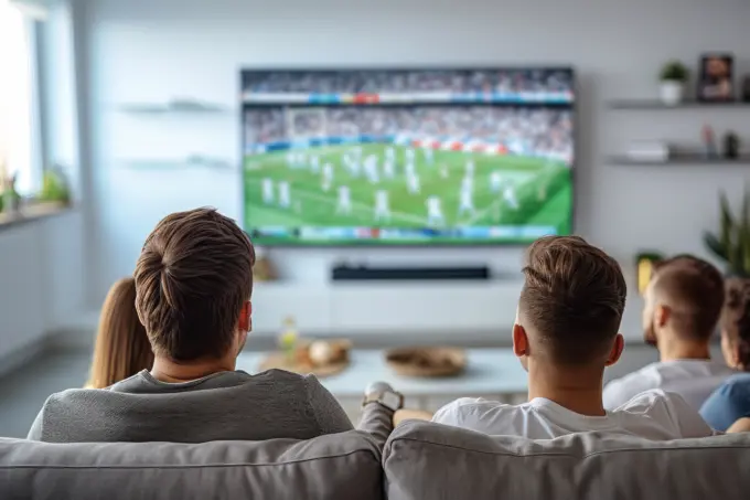 A diverse group of individuals gathered together in a living room, engrossed in watching a football game on the television.