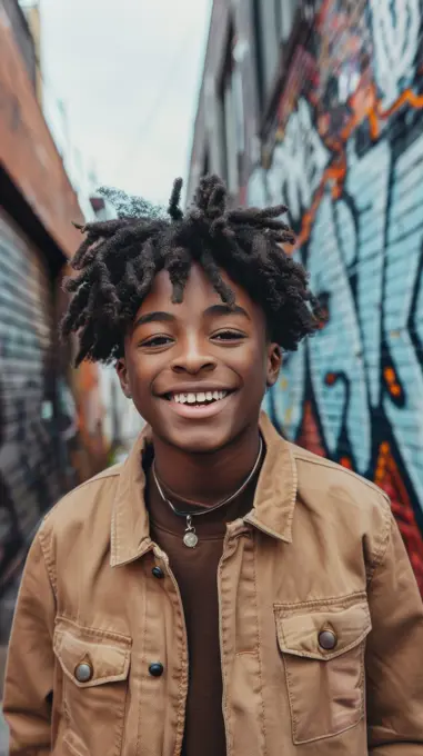 A young man with dreadlocks stands in a narrow urban alley, wearing a brown jacket and a black shirt. He smiles brightly at the camera while standing in front of a colorful graffiti wall.