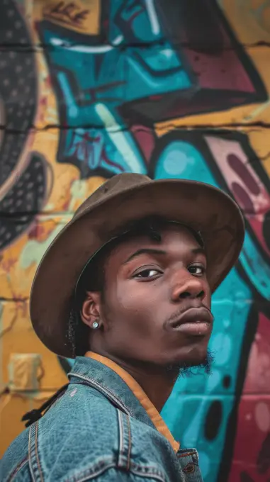 A young man with a brown hat and a denim jacket poses in front of a brick wall covered with colorful graffiti. He is looking away from the camera, with a serious expression on his face. The graffiti features abstract shapes and colors, with a dominant blue hue.