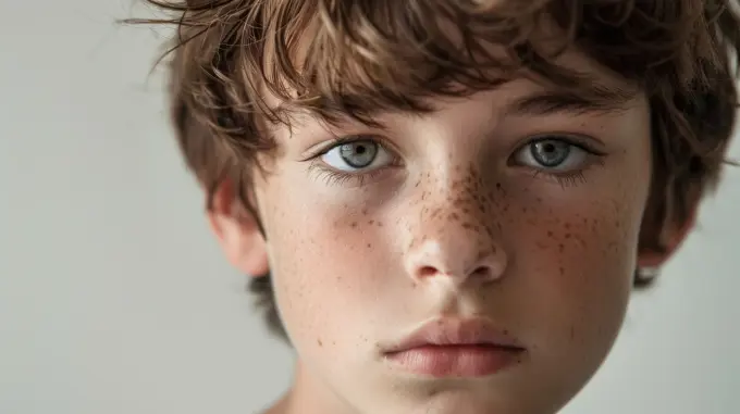 The photo shows a close-up portrait of a young boy with brown, curly hair. He is looking directly at the camera with a serious expression. His face is covered in freckles, and his eyes are a bright blue. The background is a plain, off-white color.