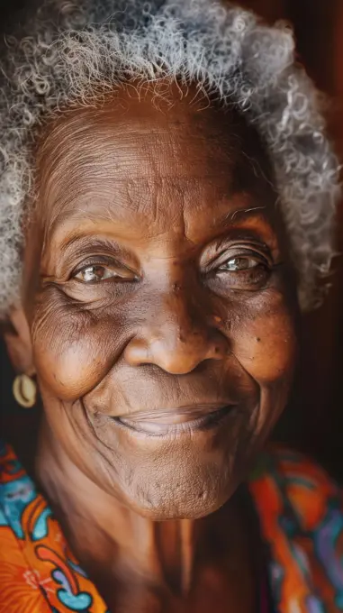 A close-up portrait of an older woman with gray, curly hair. She is smiling and looking directly at the camera. Her skin is brown and wrinkled, showing the passage of time. She is wearing a brightly colored shirt with a floral pattern.