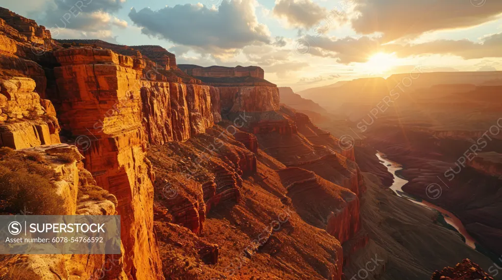 Canyon formations, drone's perspective, vibrant sunset hues, expansive canyon vista, photorealistic dusk over the Grand Canyon Generative AI