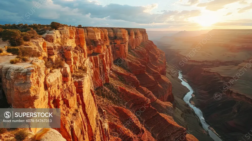 Generative AI Aerial view of majestic cliffs, warm sunset hues, sprawling canyon, detailed drone-captured Grand Canyon dusk