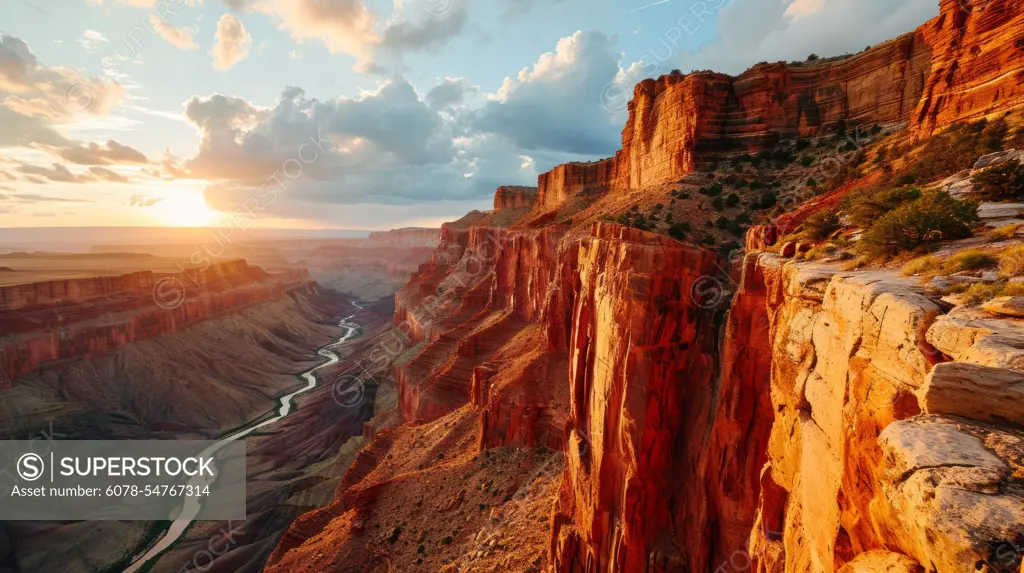 Generative AI Aerial view of majestic cliffs, warm sunset hues, sprawling canyon, detailed drone-captured Grand Canyon dusk