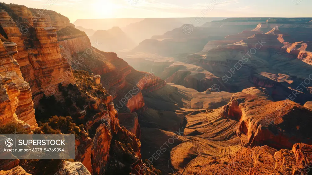 Generative AI Canyon silhouette, drone's vantage, fading sunlight, vastness, detailed and vivid sunset at the Grand Canyon